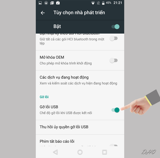 chọn bật gỡ lỗi USB